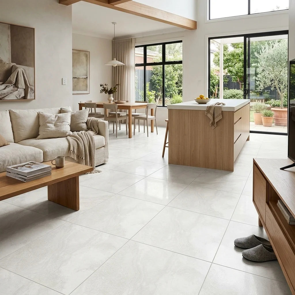 BHF313 GLACIER WHITE LAPATTO 600X600 — open-plan living + dining + kitchen