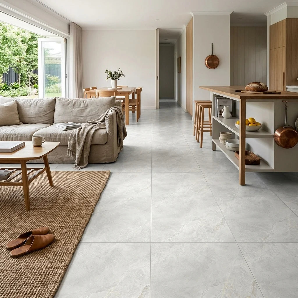 BHF317 IMPERIAL STONE LIGHT MATT 600X600 — open-plan living + dining + kitchen
