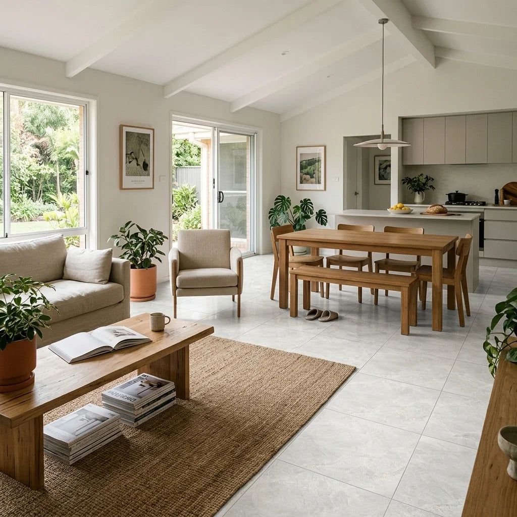 BHF318 IMPERIAL STONE LIGHT LAPATTO 600X600 — open-plan living + dining + kitchen