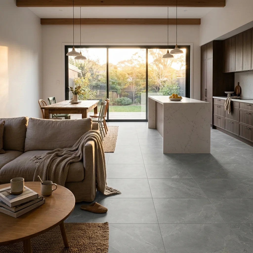 BHF321 IMPERIAL STONE DARK MATT 600X600 — open-plan living + dining + kitchen
