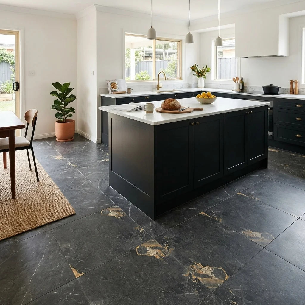 BHF323 ECLIPSE BLACK MATT 600X600 — open-plan kitchen