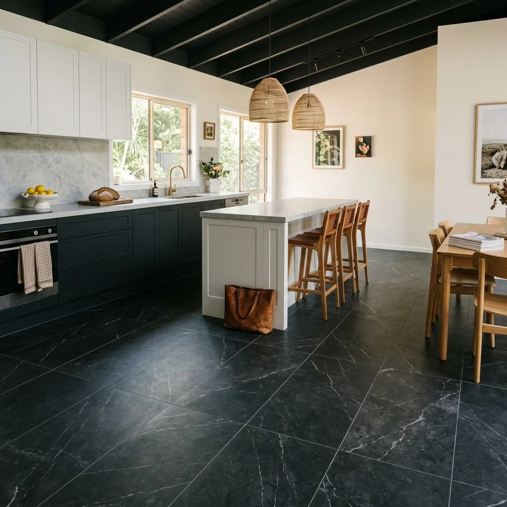 BN7000 Pietra Noir Matt 600 X 1200MM — open-plan kitchen