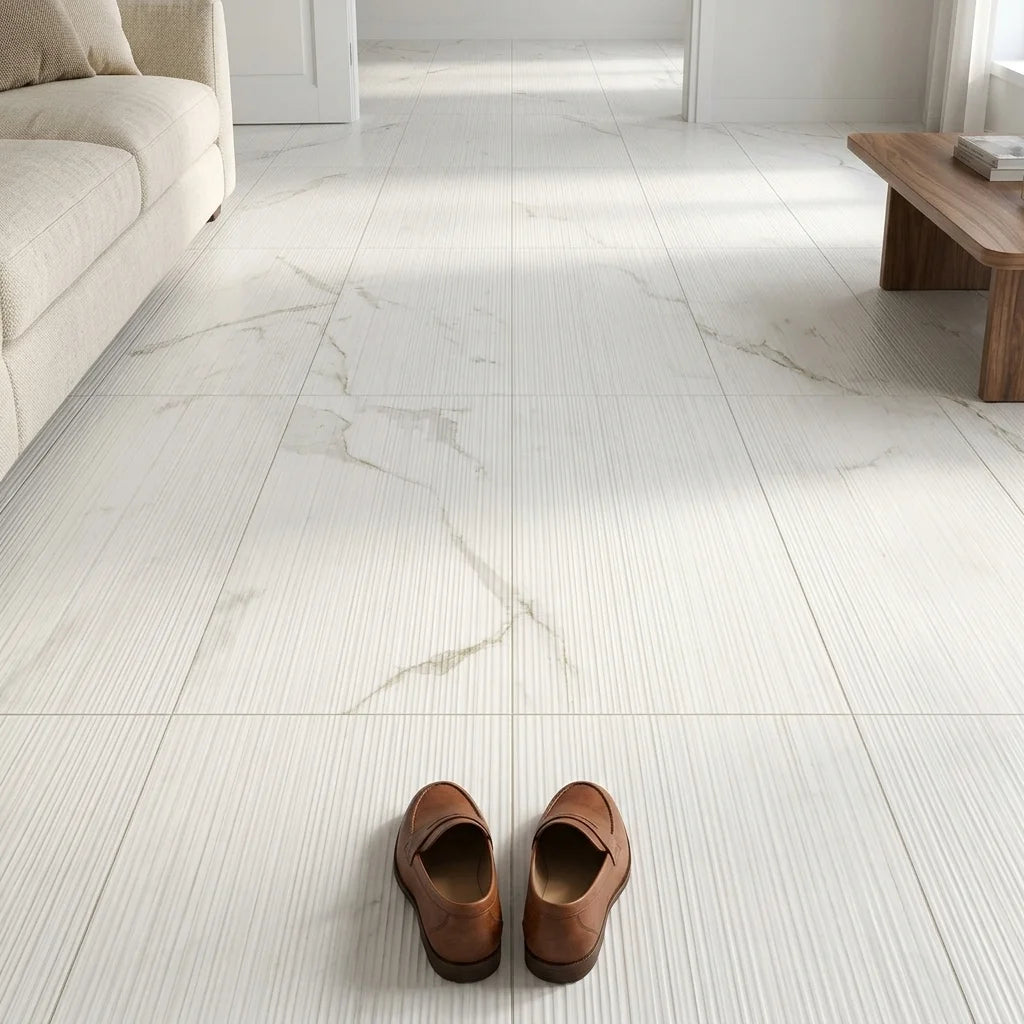 BN7046 CALCUTTA GOLD VEIN CHISEL 3D 600X1200 — living room floor