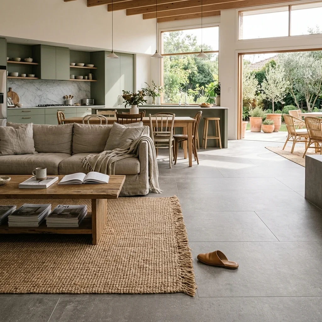 BT1005 GRANITE L GREY 750X1500 MATT — open-plan living + dining + kitchen