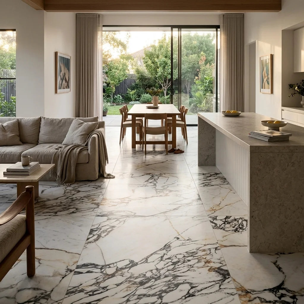 BT1120 DREAM GOLD 1200X600 ITALIAN MATT — open-plan living + dining + kitchen