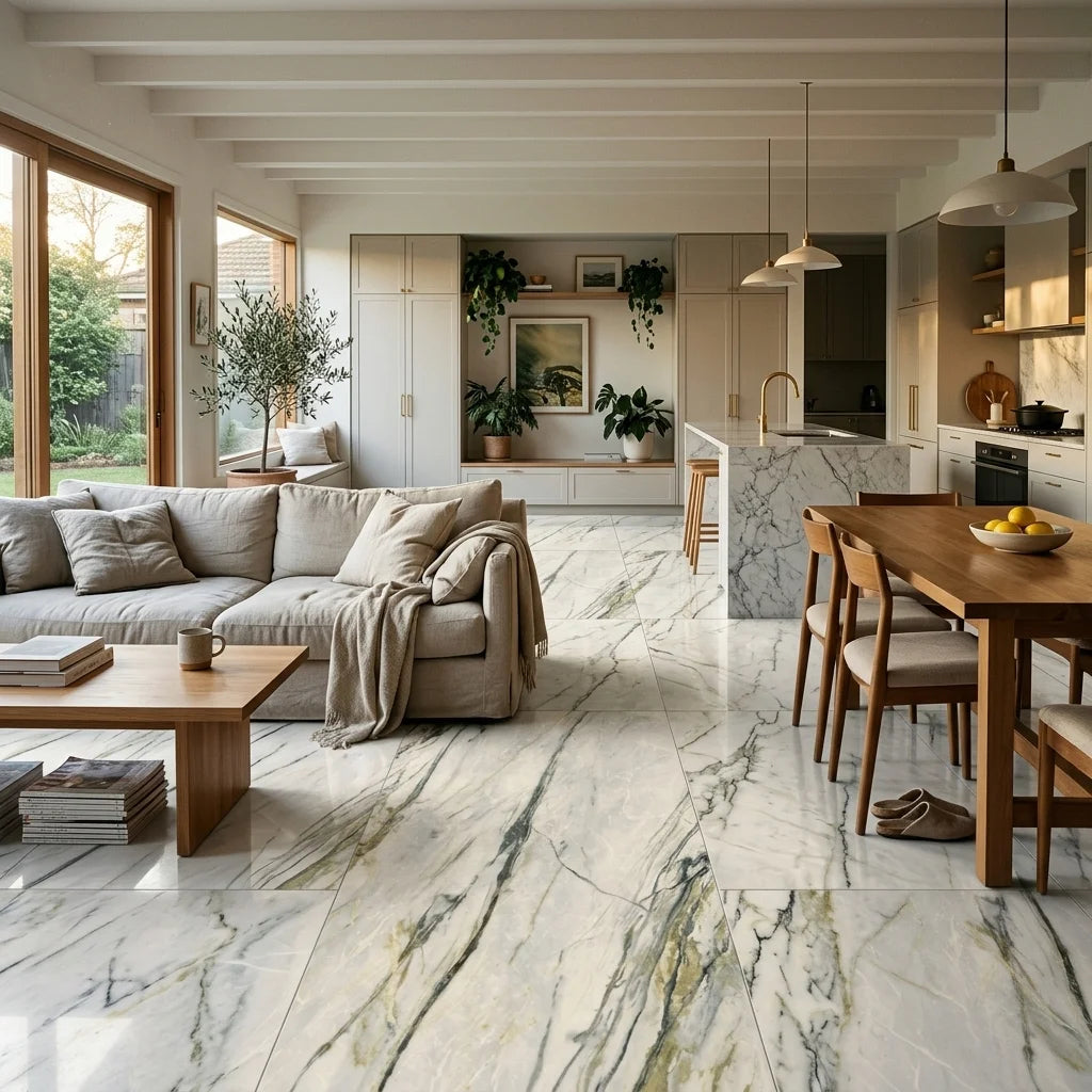BT1122 DREAM EMERALD 1200X600 ITALIAN POLISH — open-plan living + dining + kitchen