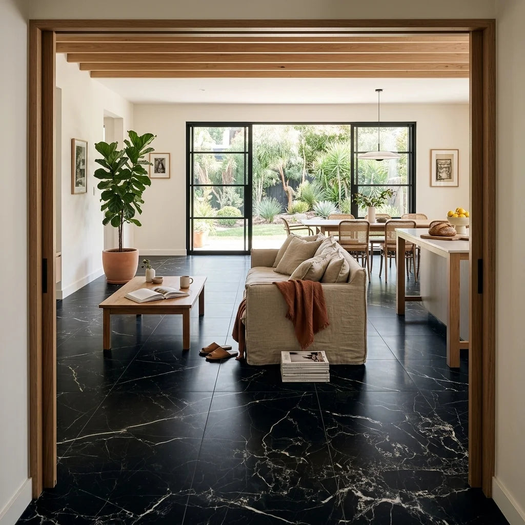 BT1128 EBONY RADON 1200X600 POLISHED — open-plan living + dining + kitchen