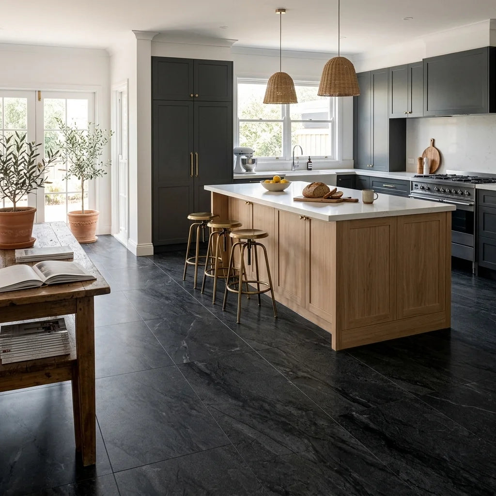 BT1127 EBONY BOLZANO 1200X600 POLISHED — open-plan kitchen