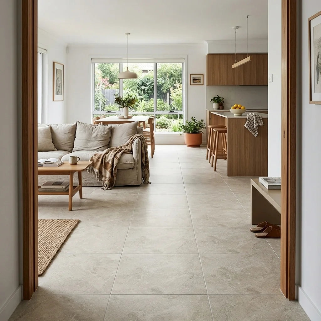 BT1140 SEA BEIGE 600X600 MATT — open-plan living + dining + kitchen