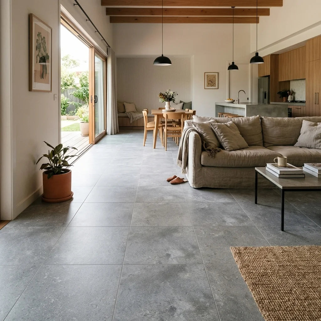 BT1144 SEA GREY 600X600 MATT — open-plan living + dining + kitchen