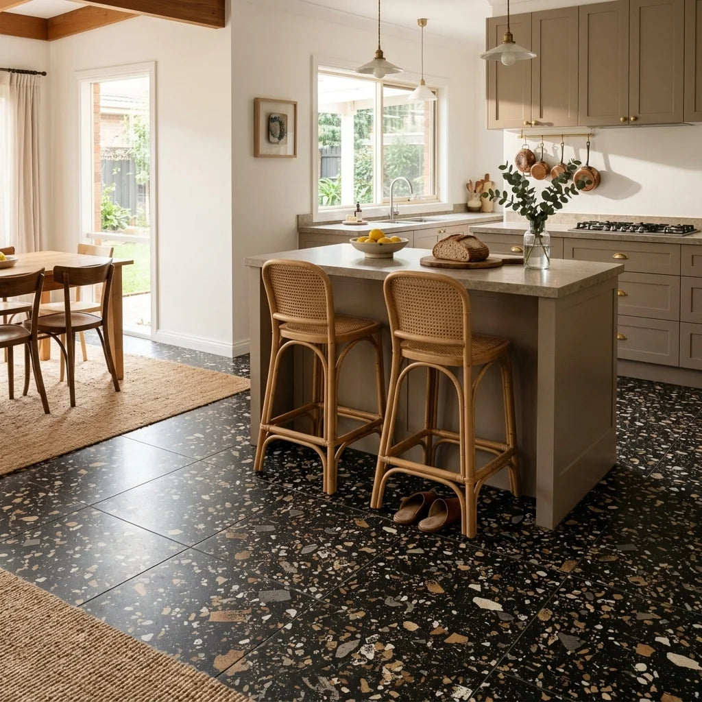 BT1150 LORENZO BLACK 600X600 ITALIAN MATT — open-plan kitchen