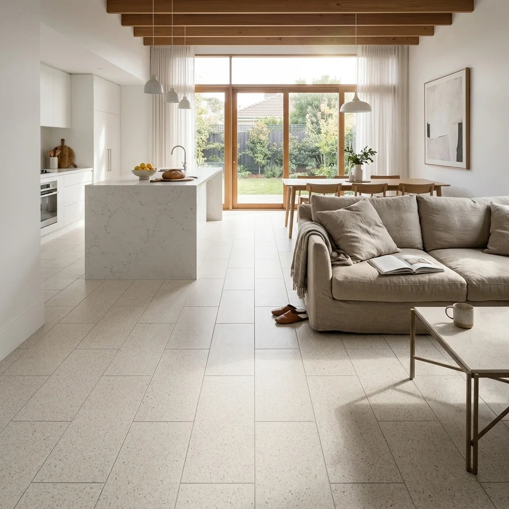 BT1164-3 SAPPHIRE WHITE 300X600 MATT — open-plan living + dining + kitchen