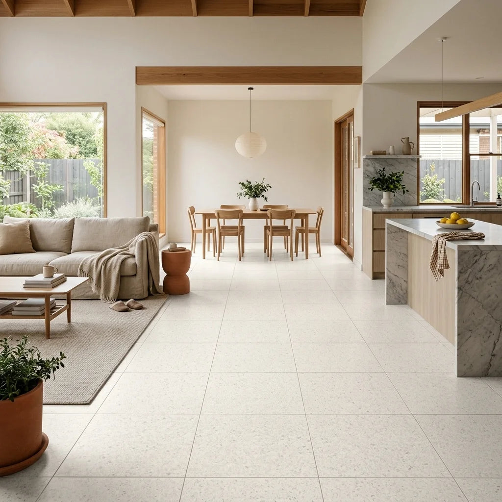 BT1164 SAPPHIRE WHITE 600X600 MATT — open-plan living + dining + kitchen