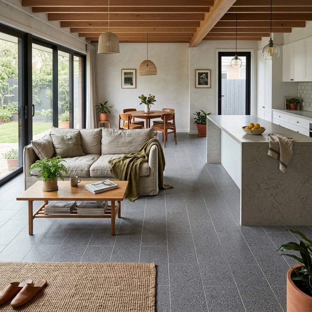 BT1167-3 SAPPHIRE D GREY 300X600 MATT — open-plan living + dining + kitchen