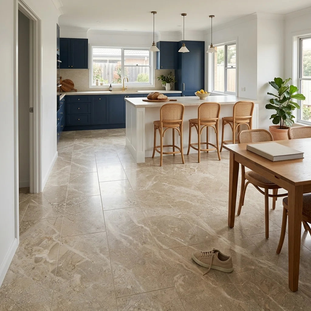 BT1186 ARMANI CARAMEL 300X600 POLISHED — open-plan kitchen