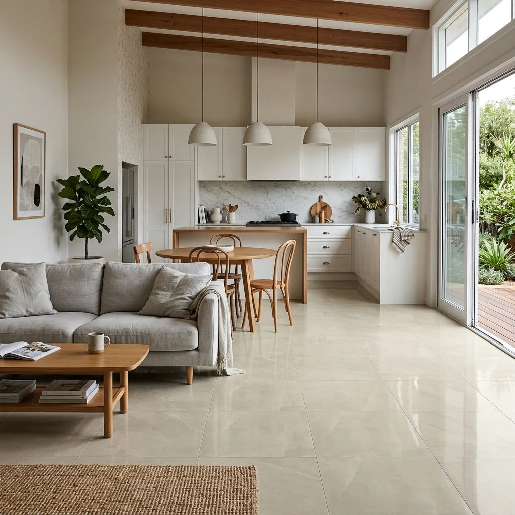 BT155 TIARA CREAM POLSIHED 6X6 POLISHED — open-plan living + dining + kitchen