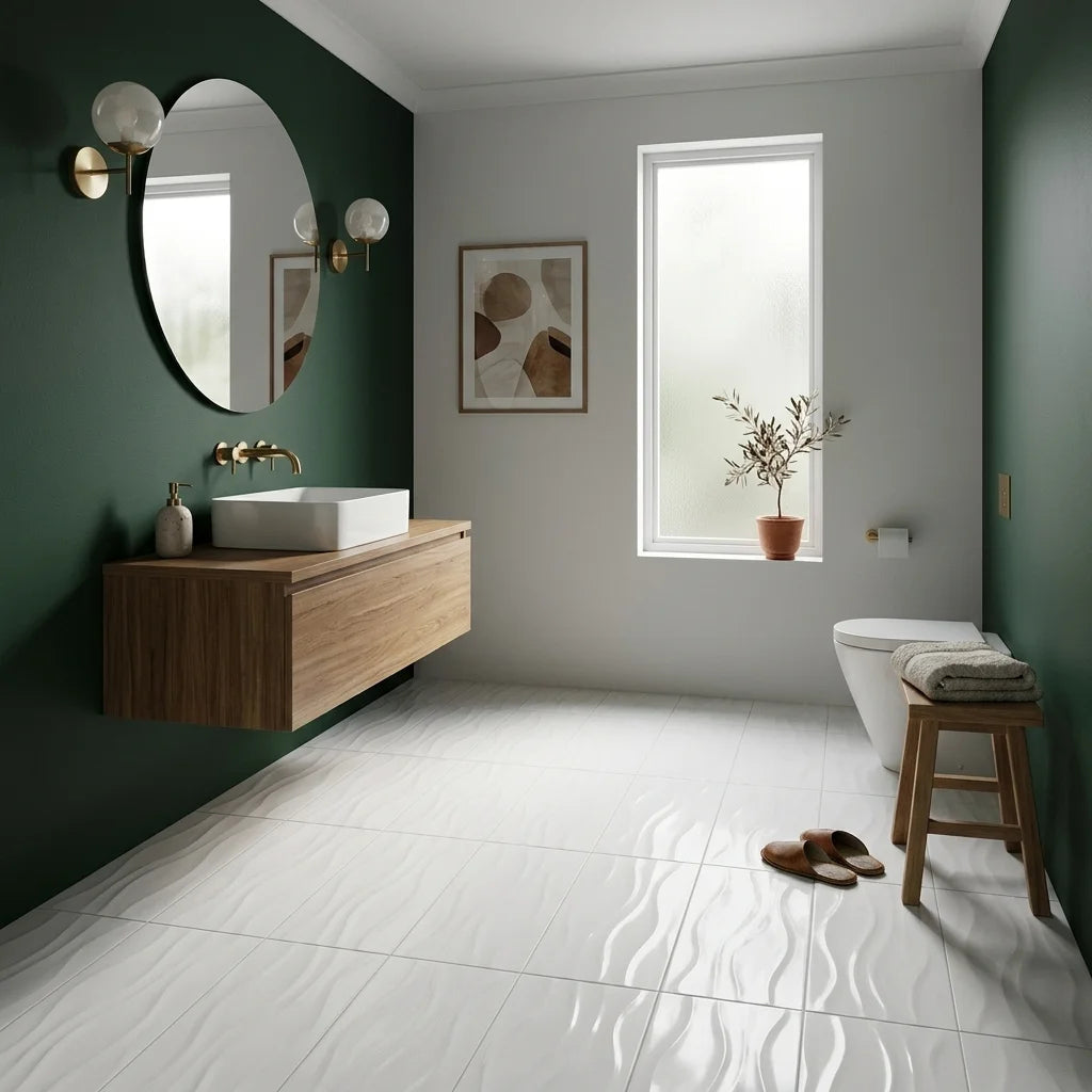 BT183 SWIRL WHITE 600 x 300 FEATURE TILE — powder room