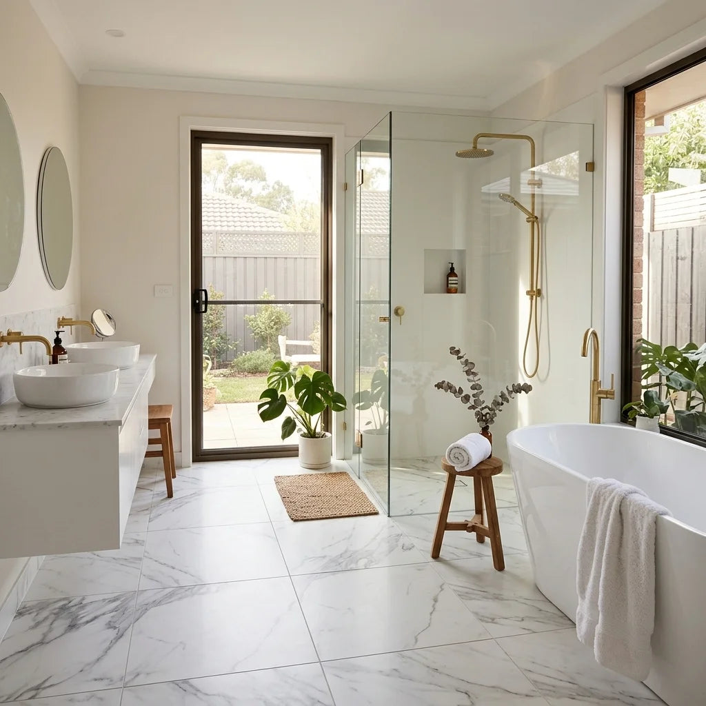BT325 WHITE STATUARIO 600X600 POLISHED — ensuite bathroom