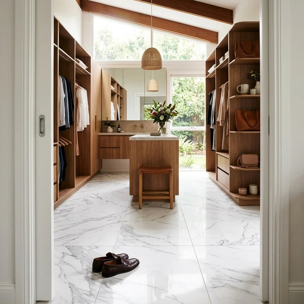 BT325 WHITE STATUARIO 600X600 POLISHED — walk-in robe
