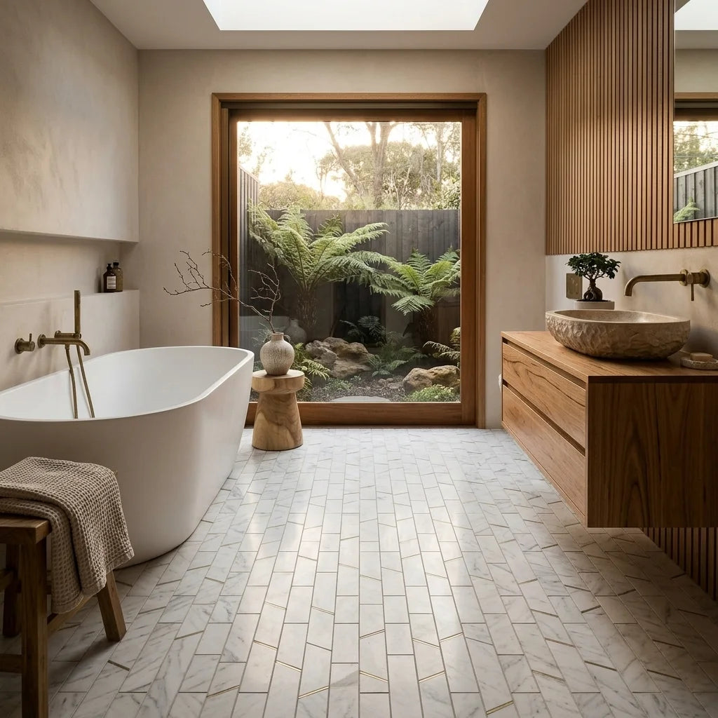 BT3332 GOLDEN BARRES CARRARA 298x298 — Japanese-inspired ensuite