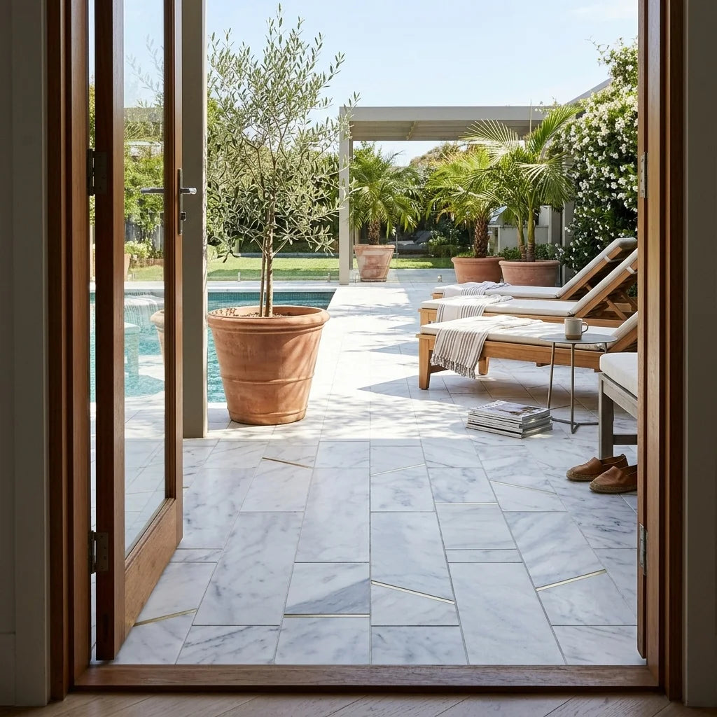 BT3332 GOLDEN BARRES CARRARA 298x298 — poolside terrace