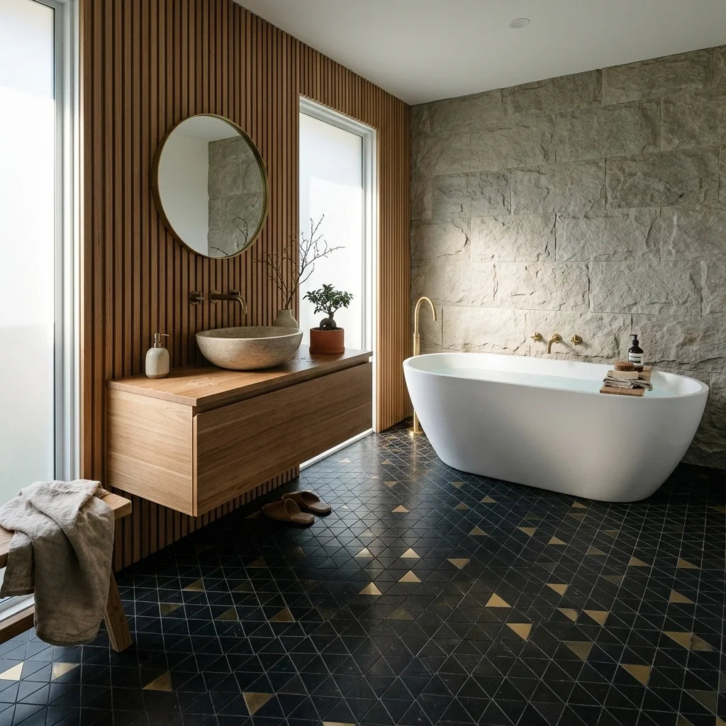 BT3333 GOLDEN PYRAMID NERO MARQUINA 327x292 — Japanese-inspired ensuite