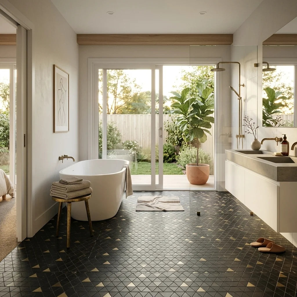 BT3333 GOLDEN PYRAMID NERO MARQUINA 327x292 — ensuite bathroom
