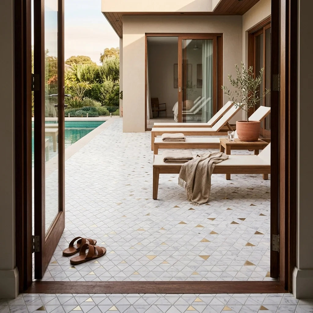 BT3334 GOLDEN PYRAMID CARRARA 327x292 — poolside terrace