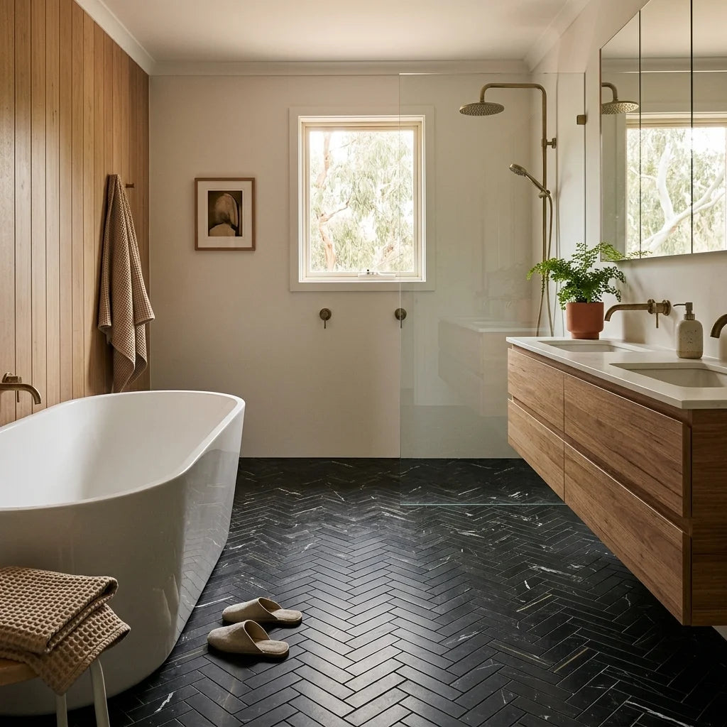BT3337 GOLDEN HERRINGBONE NERO MARQUINA 320x280x8 — ensuite bathroom