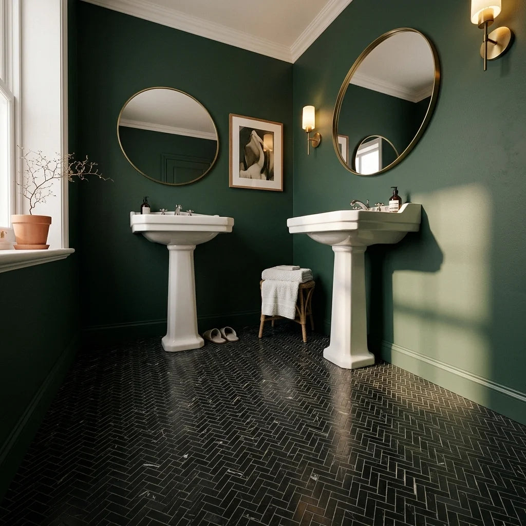 BT3337 GOLDEN HERRINGBONE NERO MARQUINA 320x280x8 — powder room