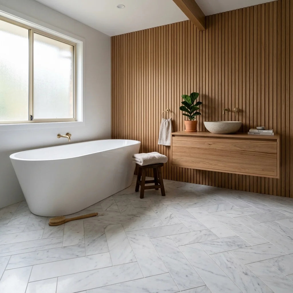 BT3338 GOLDEN HERRINGBONE CARRARA 320x280x8 — Japanese-inspired ensuite
