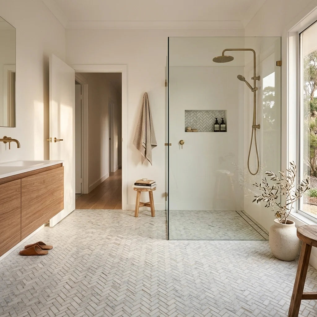 BT3338 GOLDEN HERRINGBONE CARRARA 320x280x8 — walk-in shower