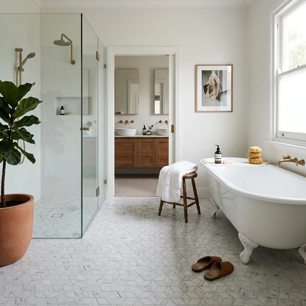 BT3340 GOLDEN Cubic CARRARA 345x298x8 — ensuite bathroom
