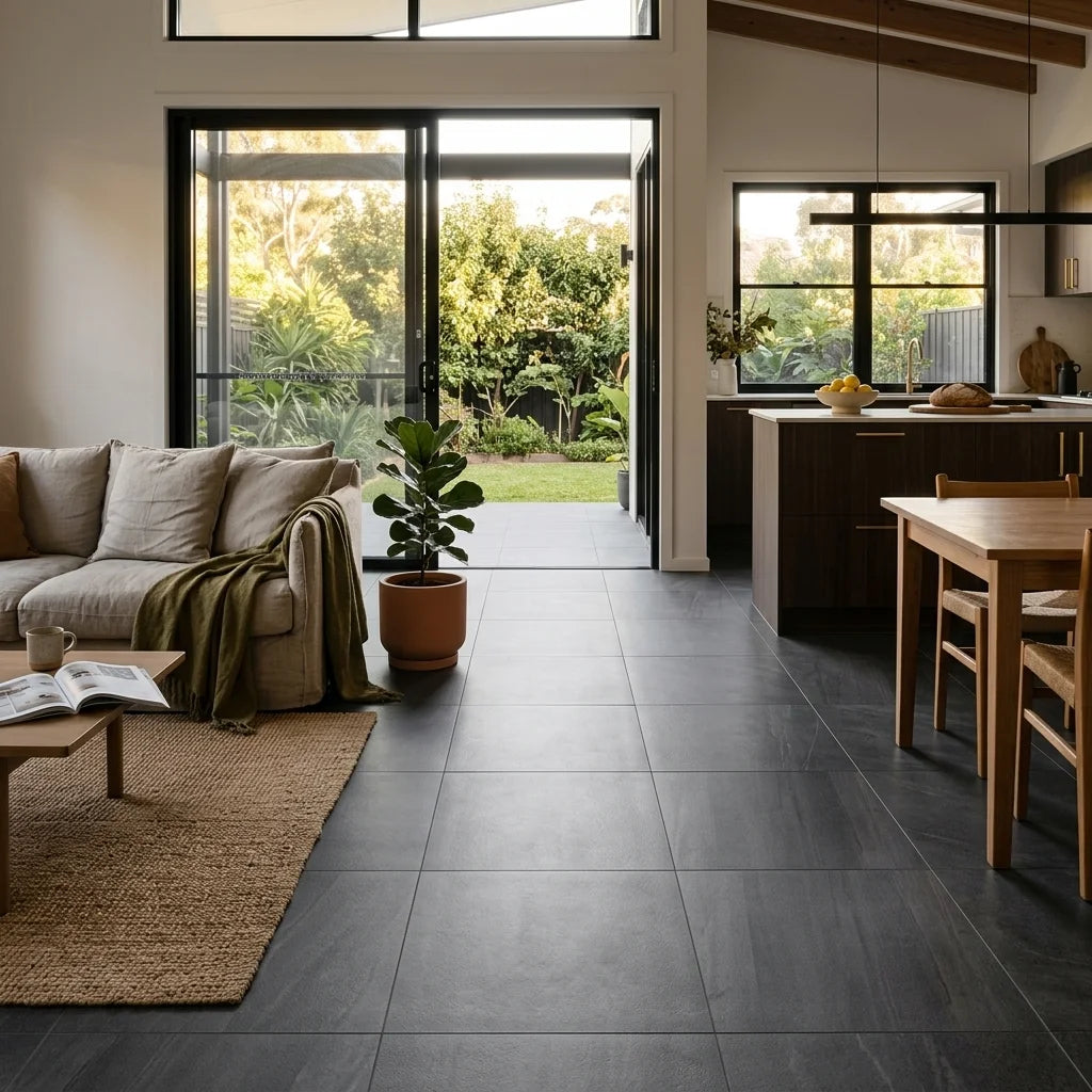 BT3361 MINERAL ANTRACITA 600X600 LAPPATO — open-plan living + dining + kitchen