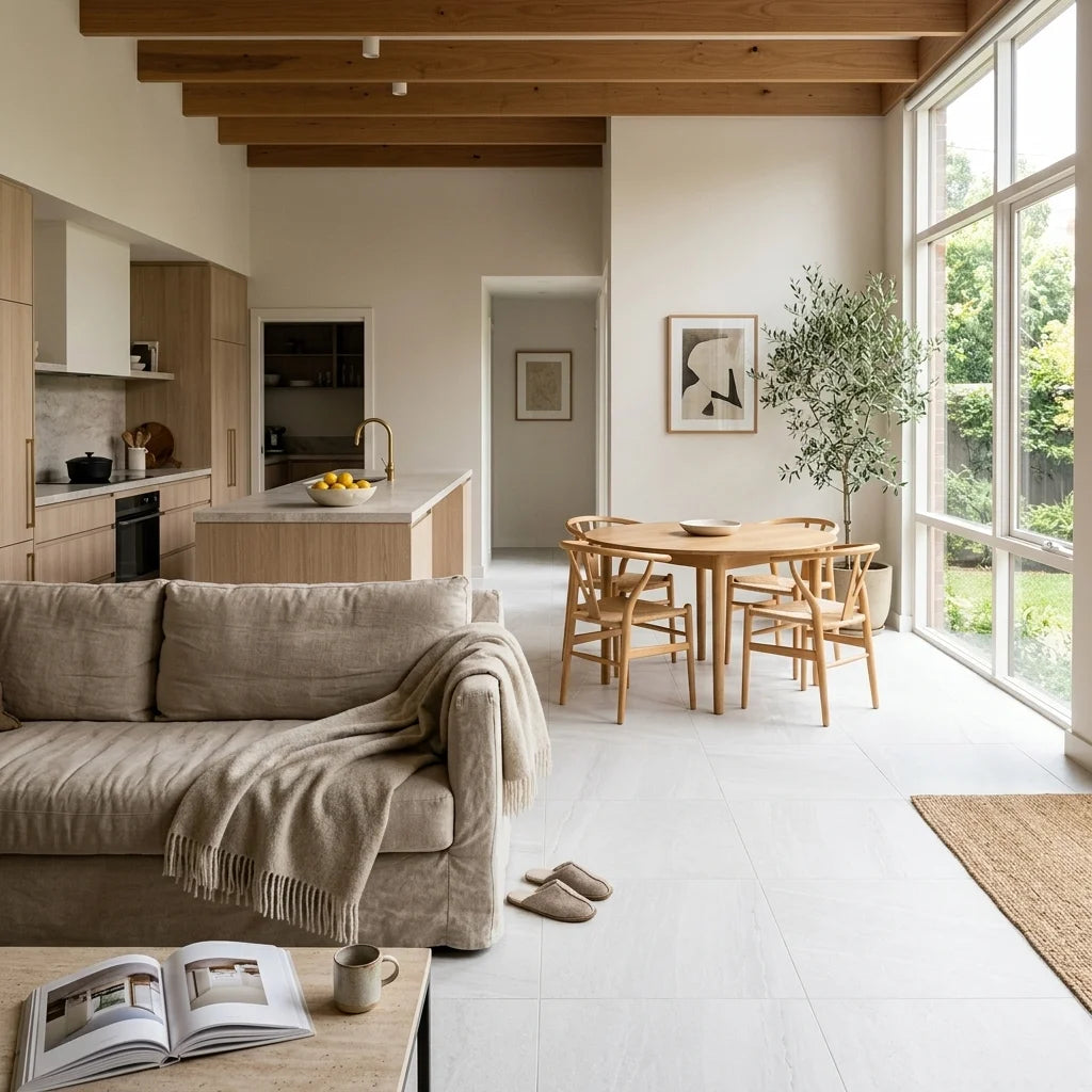 BT3364 MINERAL WHITE 600X600 LAPPATO — open-plan living + dining + kitchen
