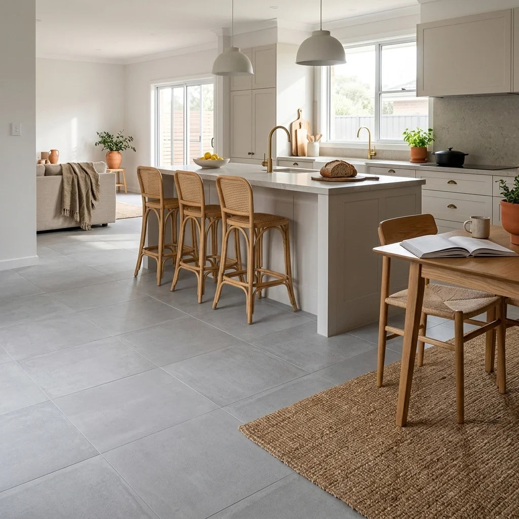 BT3370 ARTICO LIGHT GREY 600X600 LAPPATO — open-plan kitchen