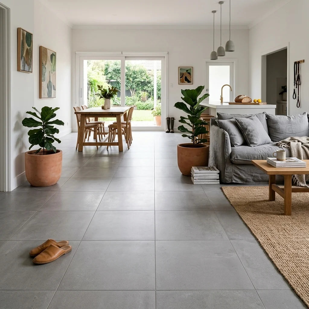 BT3371 ARTICO TORTORO 600X600 LAPPATO — open-plan living + dining + kitchen