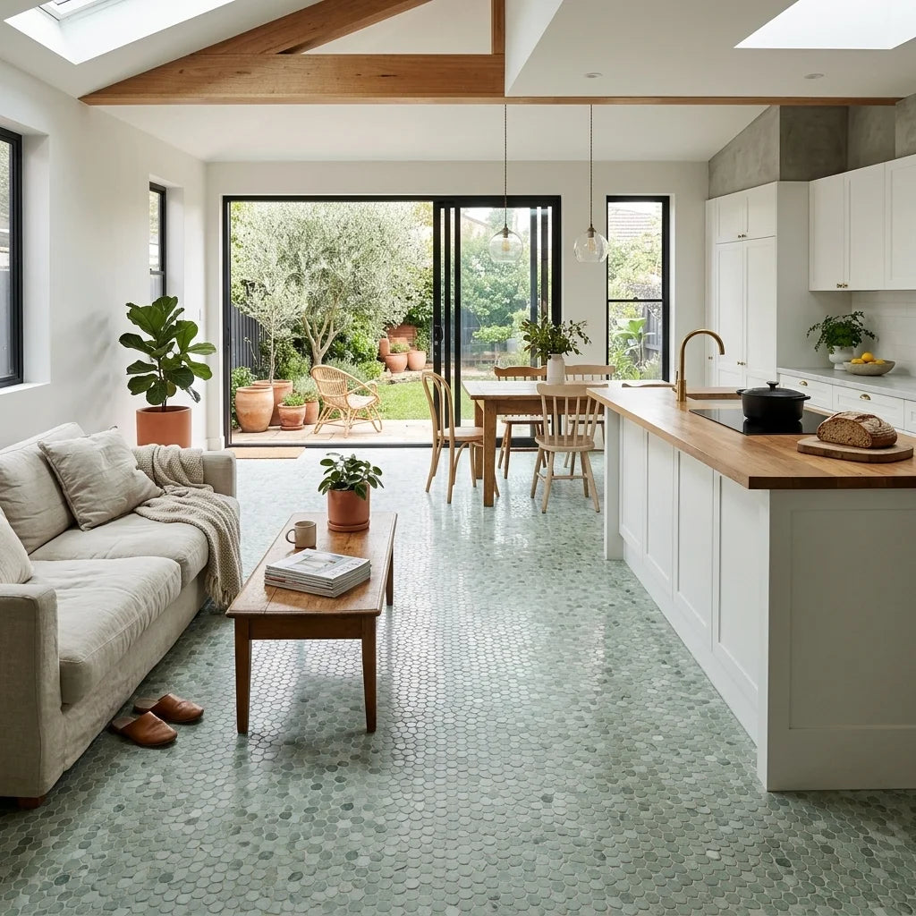 BT3387 ONYX VERDE POLISH 200X603 — open-plan living + dining + kitchen