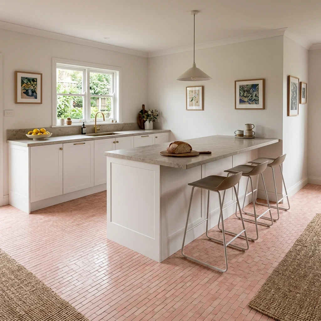 BT3388 ONYX PINK CRUSH POLISH 200X603 — open-plan kitchen