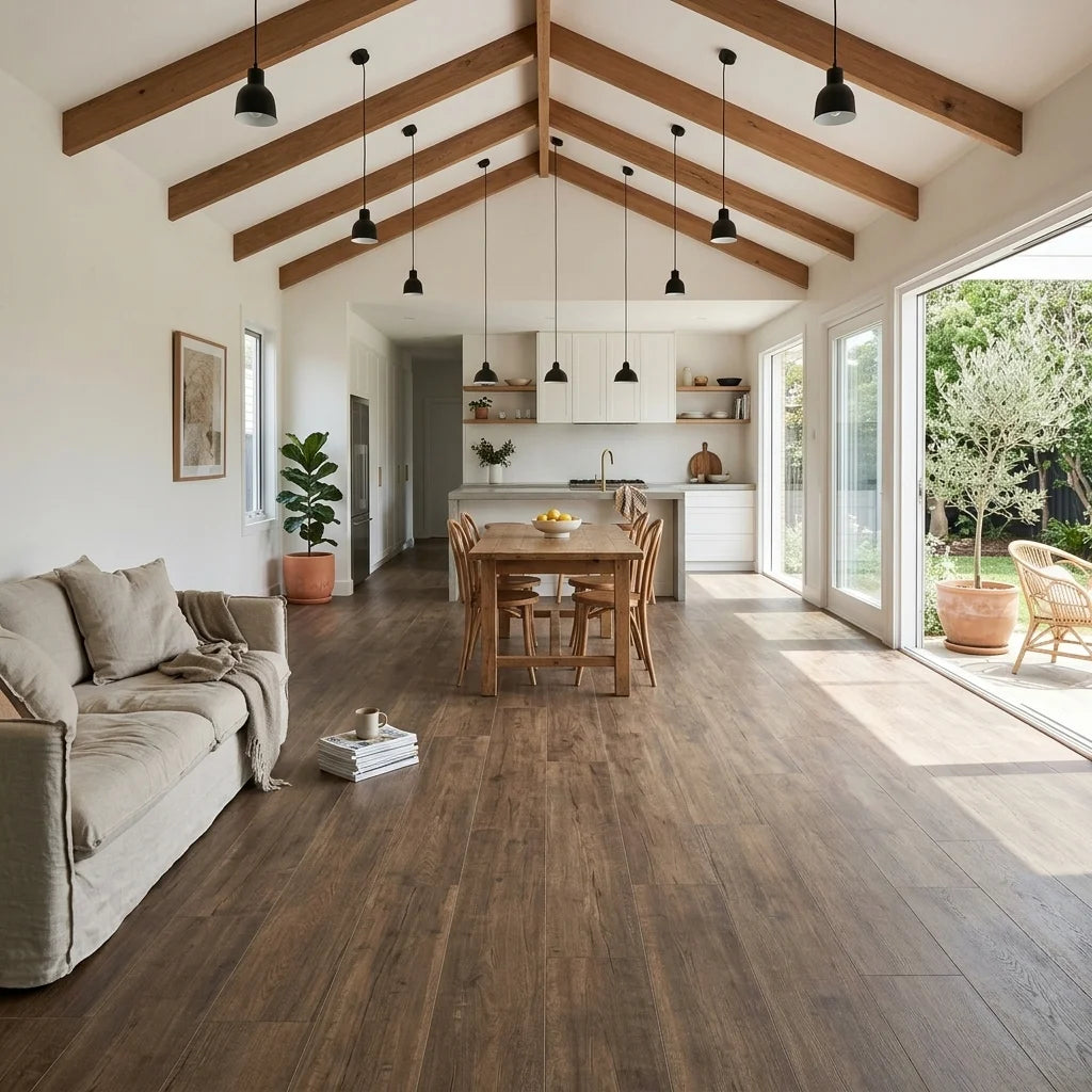 BT3393 CELIO MAROON 1200X200 MATT — open-plan living + dining + kitchen