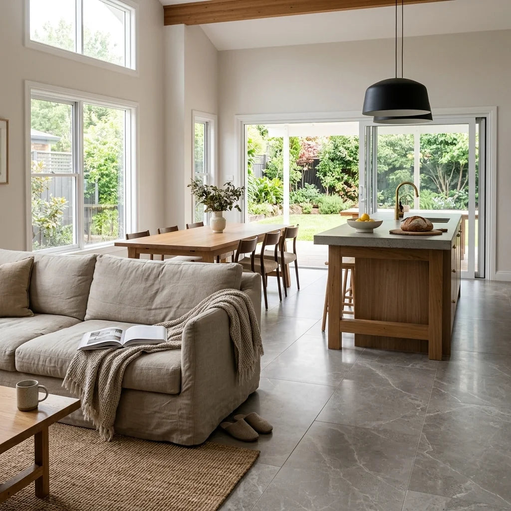 BT3398 PARADISE STONE GREY MARBLE 600X1200 POLISHED — open-plan living + dining + kitchen