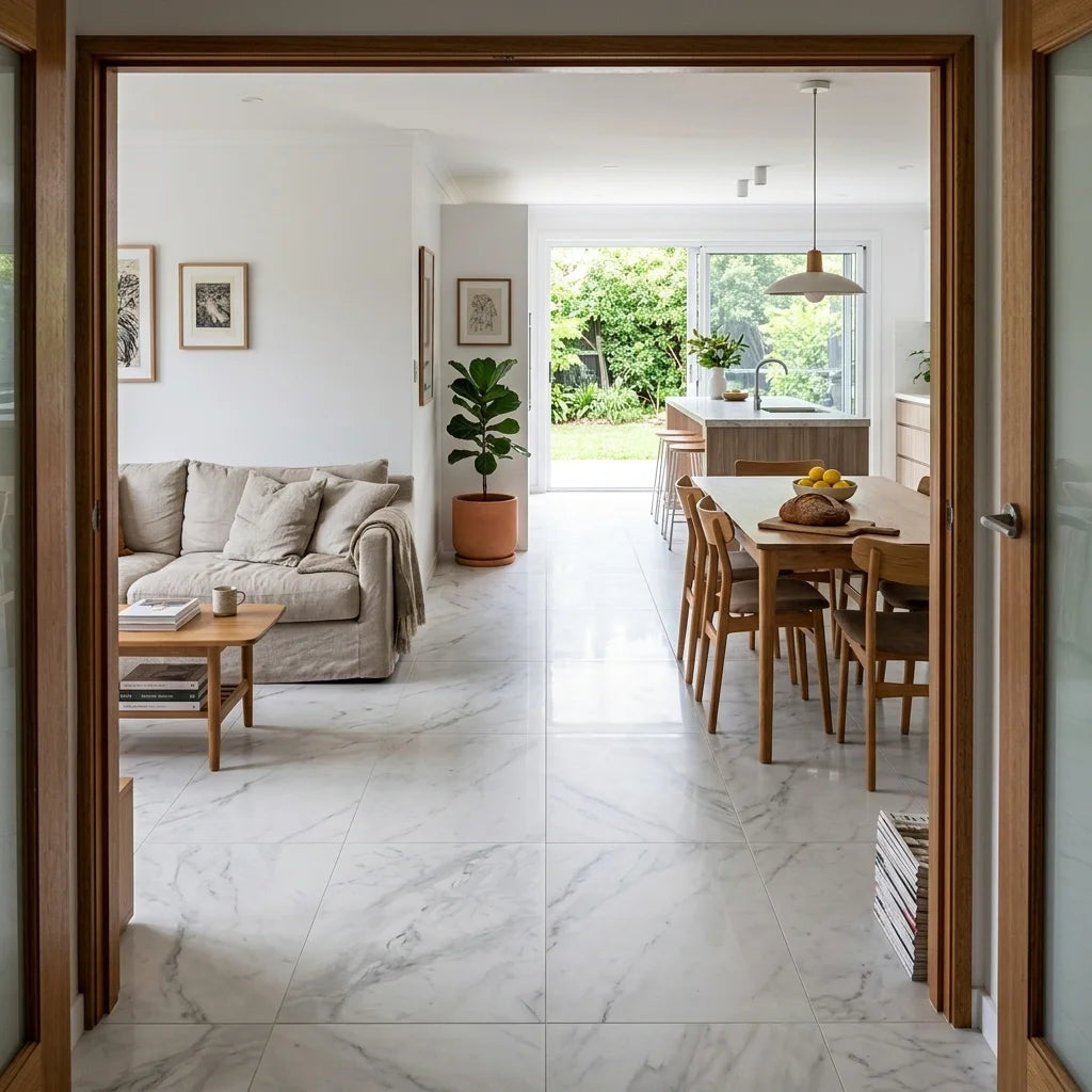 BT3399 PARADISE STONE ARABESTCATO 600X1200 POLISHED — open-plan living + dining + kitchen