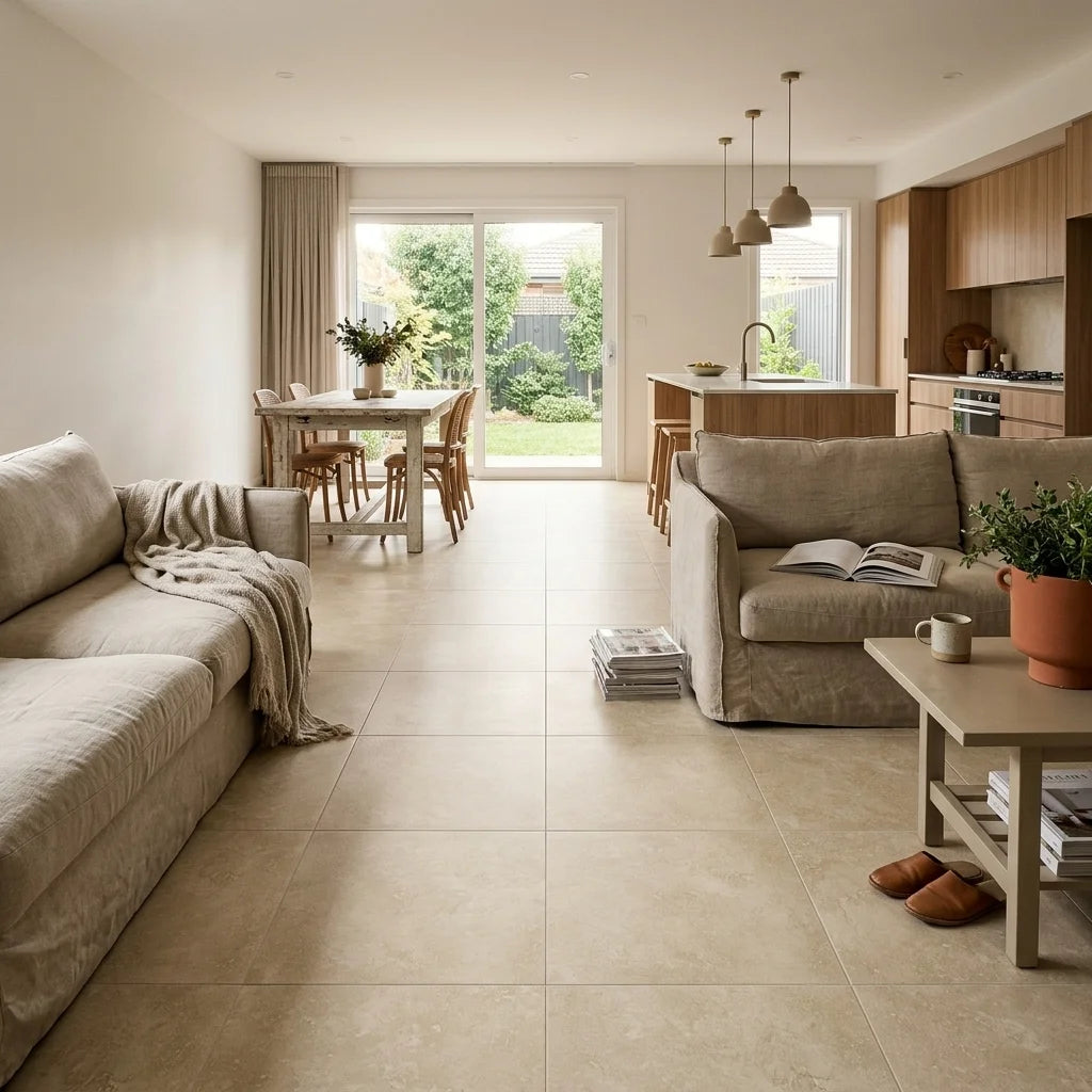 BT3403 TIMELESS CLASSIC 600X600 MATT — open-plan living + dining + kitchen