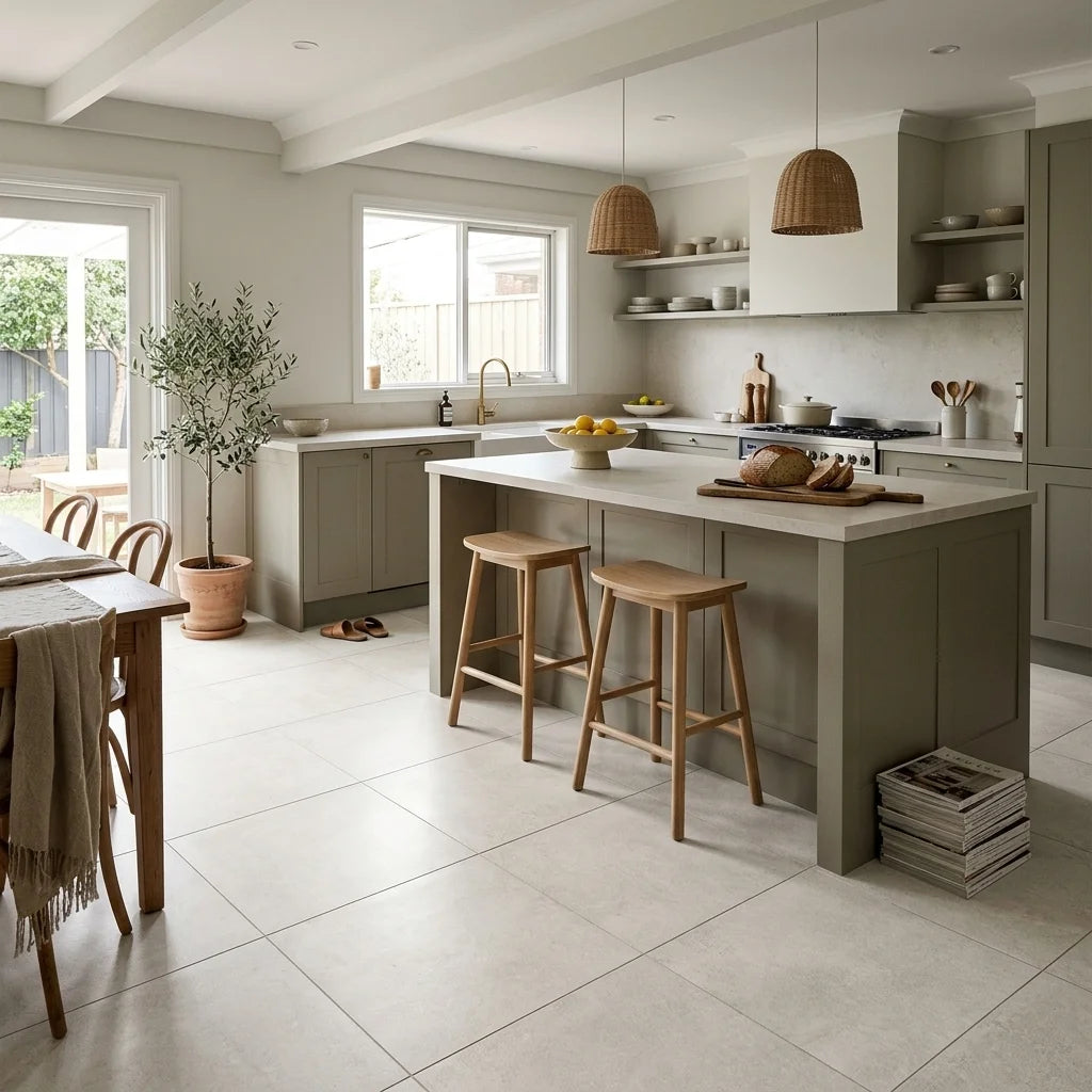 BT3416 KENSEY WHITE 600X600 MATT — open-plan kitchen