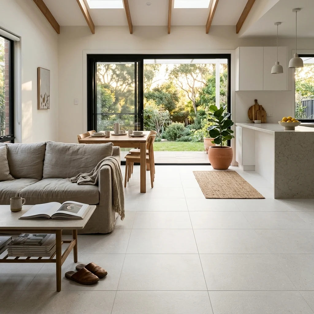 BT3419 UNIVERSAL WHITE 600X600 MATT — open-plan living + dining + kitchen