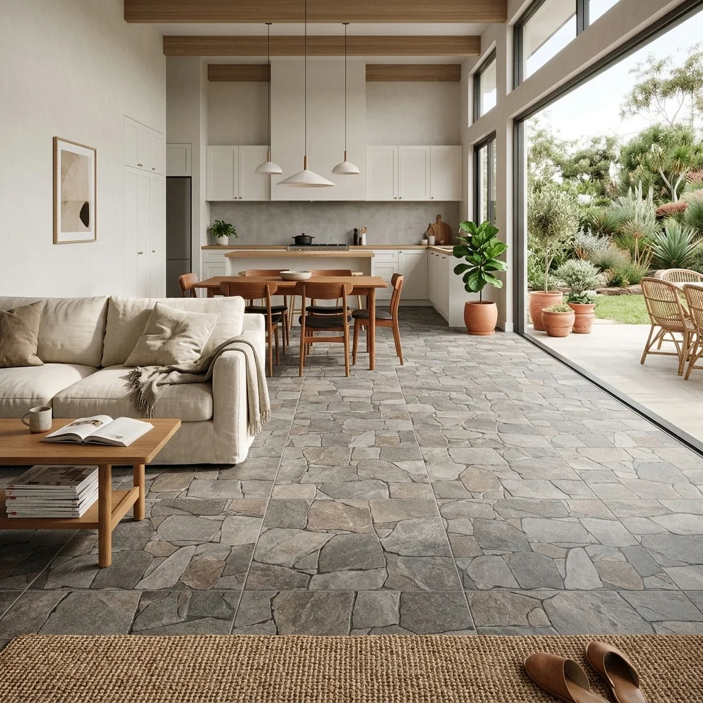 BT3424 VULCANO GRIS 3D TILE — open-plan living + dining + kitchen
