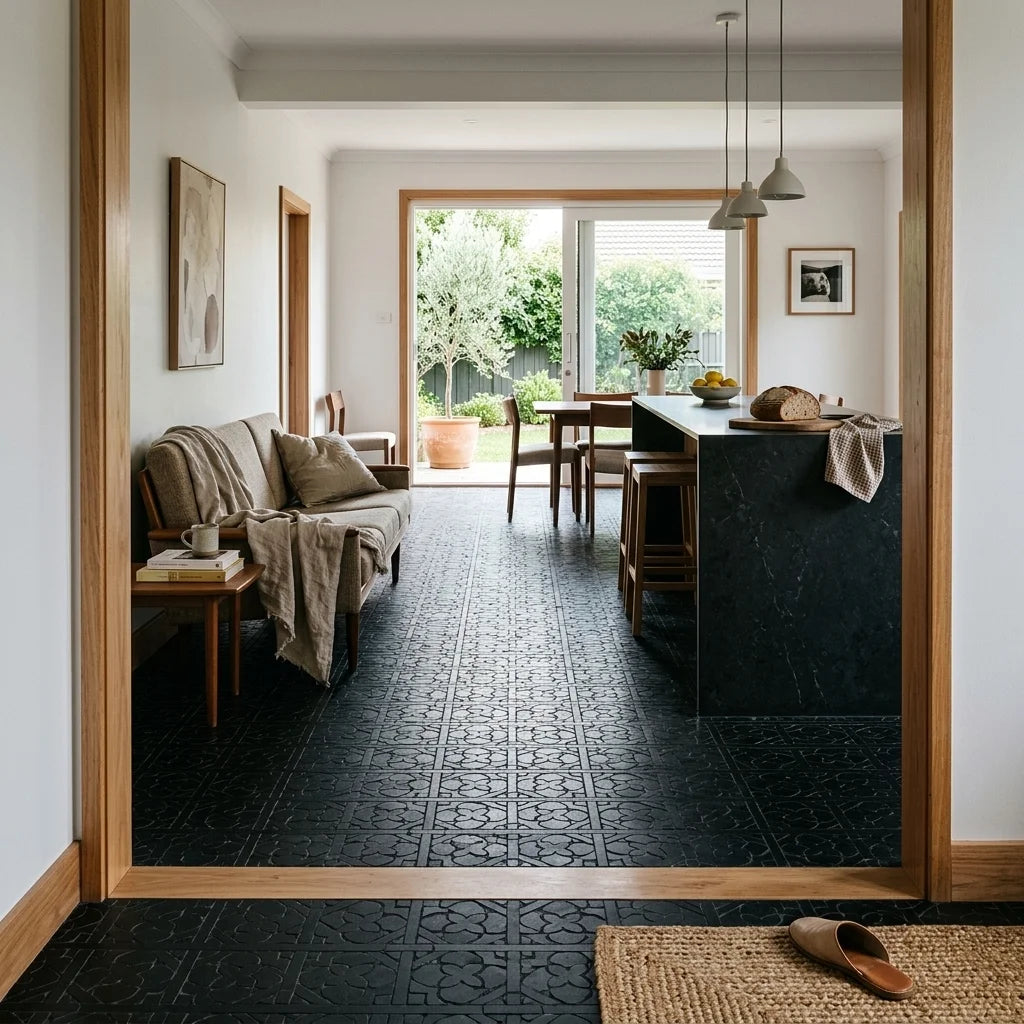 BT3426 ASTER LOTUS BLACK 200X200 MATT — open-plan living + dining + kitchen