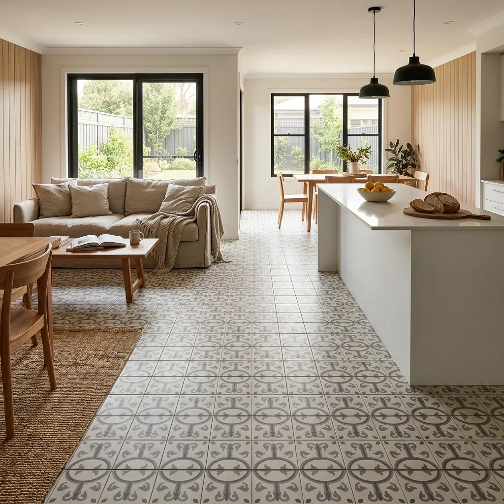 BT3428 RICHMOND BRIGHTON 200X200 MATT — open-plan living + dining + kitchen