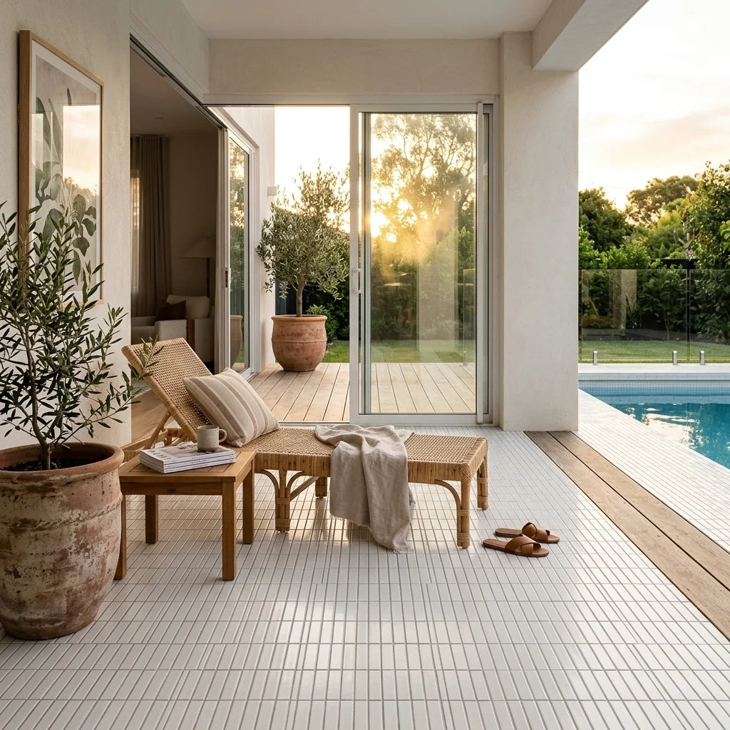 BT3437 Flat white Mosaic GLoss — poolside terrace