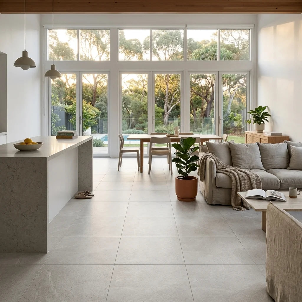 BT3451 MARINO WHITE 6x6 MATT SMOOTHGRIP — open-plan living + dining + kitchen
